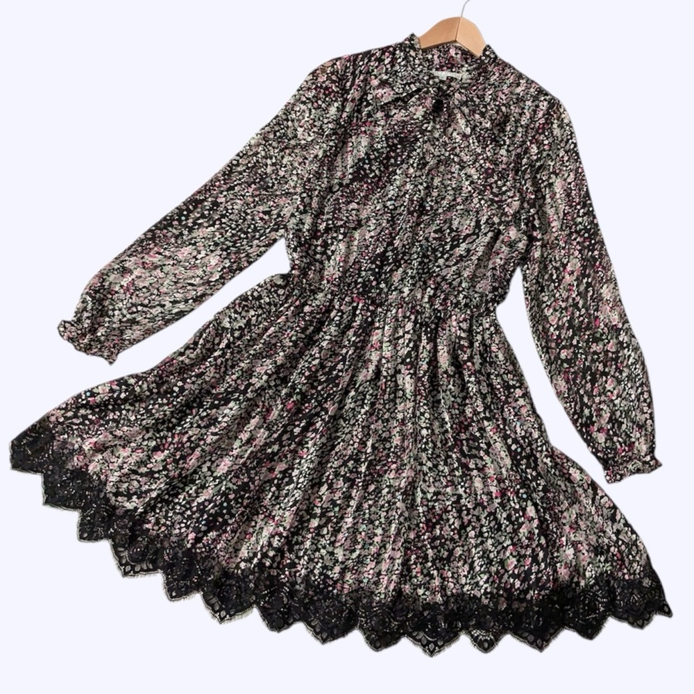 Alexia Admor Black and Pink Floral Long Sleeve Dress Size L Fit & Flare Mini